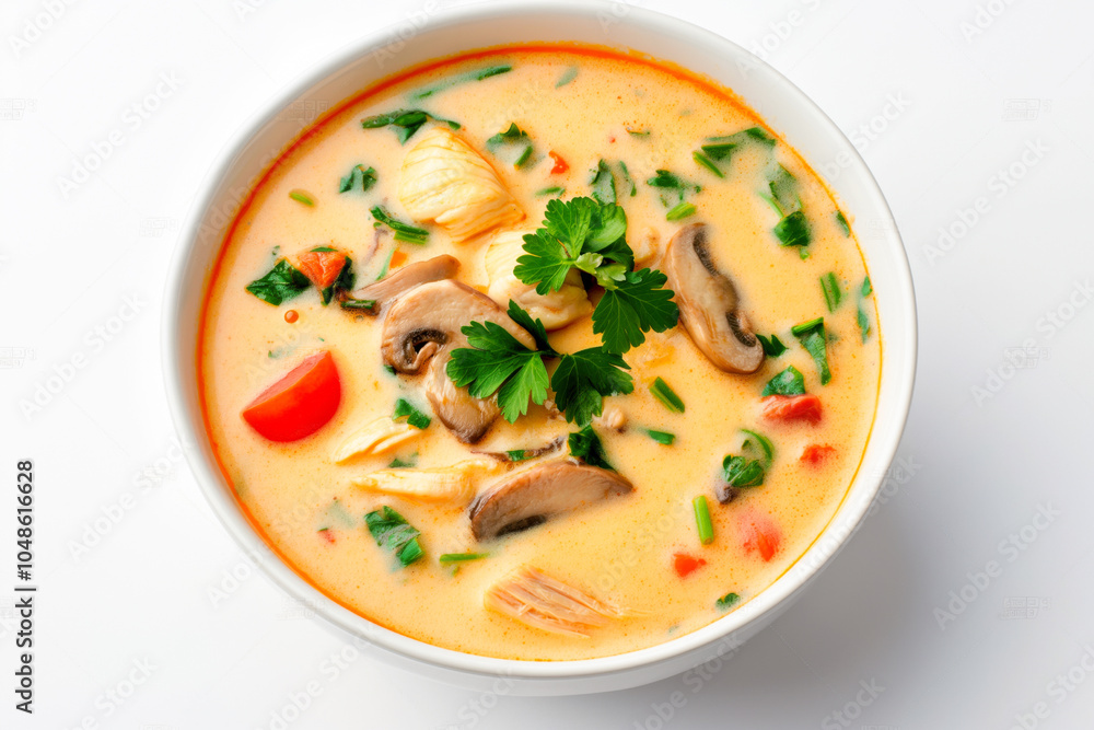 Tom kha gai soup with chicken, mushrooms, and herbs in bowl Tom kha gai soup with chicken, mushrooms, and herbs in bowl