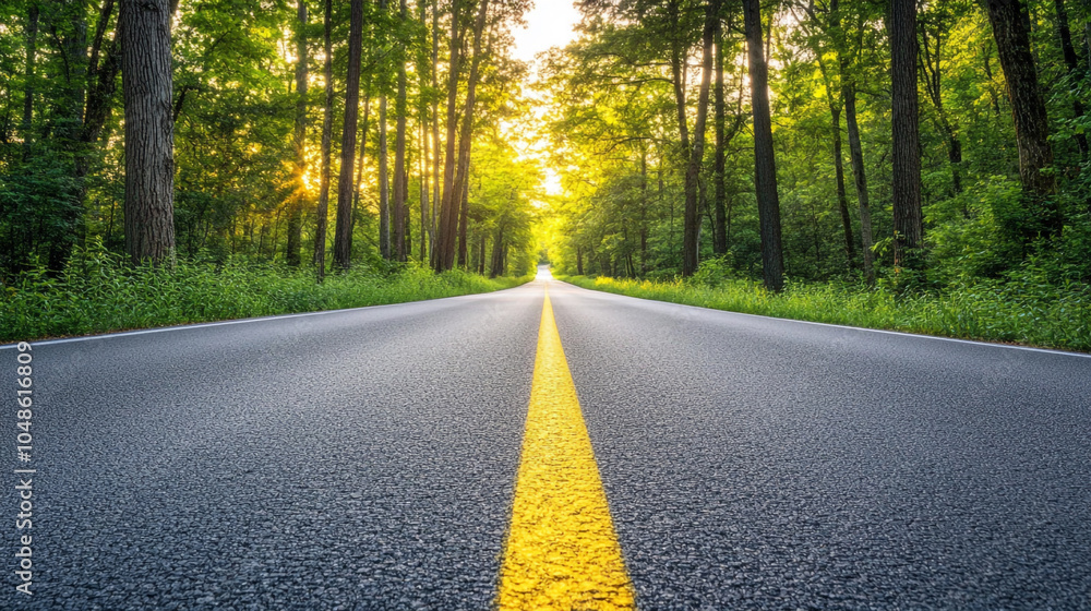 Fototapeta premium A serene journey along a tree-lined road at sunset with vibrant colors and peaceful surroundings