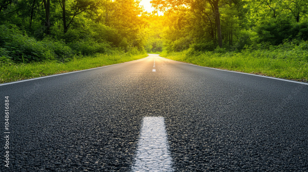 A quiet, winding road through a lush green forest at sunrise A quiet, winding road through a lush green forest at sunrise