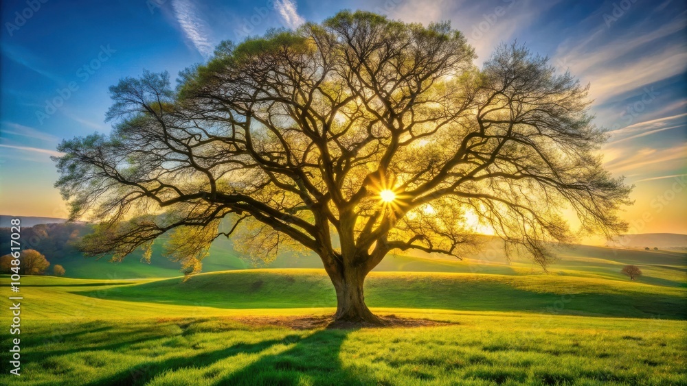 Obraz premium Solitary Tree Silhouette in a Field of Green Grass, Bathed in the Golden Light of Sunset