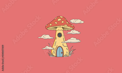 Whimsical mushroom house with clouds on a pink background.