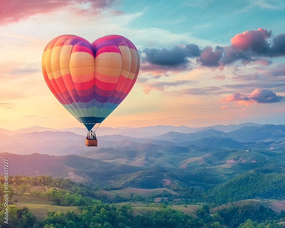 Fototapeta premium Heart Shaped Hot Air Balloon Soaring Over Scenic Landscape