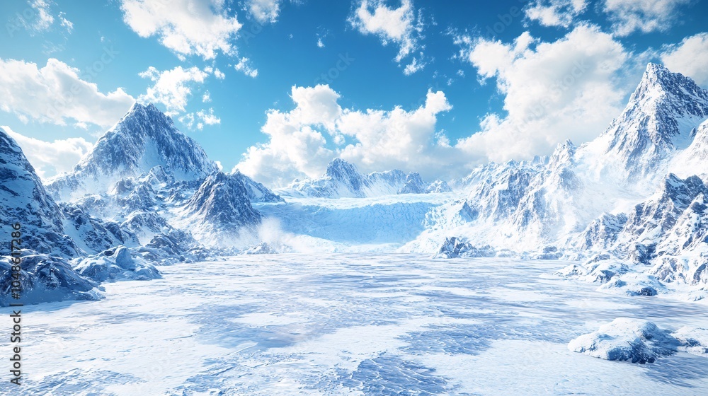 Obraz premium The majestic ice flow of the Quellic site in exquisite photography, with flowing waterfalls of ice floating on mountains and rocks. The sky is filled with dark clouds, creating an epic atmosphere,