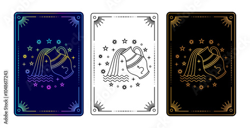 Set of three tarot cards with  Aquarius zodiac sign in gradient, black and white, and gold on black variations.