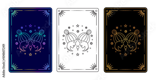 Set of three tarot cards with  Aquarius zodiac sign in gradient, black and white, and gold on black variations.