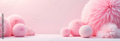 Soft pink fluffy spheres of various sizes create a dreamy, textured landscape with a delicate, pastel-toned background, perfect for banner use or abstract, cozy themes