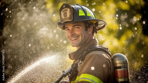 A Firefighter in Full Gear with a Hose and a Bokeh Background photo