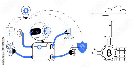 A multi-armed robot interacting with scientific instruments, a light bulb, a shield, Bitcoin, and a database. Ideal for automation, robotics, artificial intelligence, blockchain technology