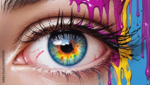 human eye close up with colorful paint , ink splashes and drips
