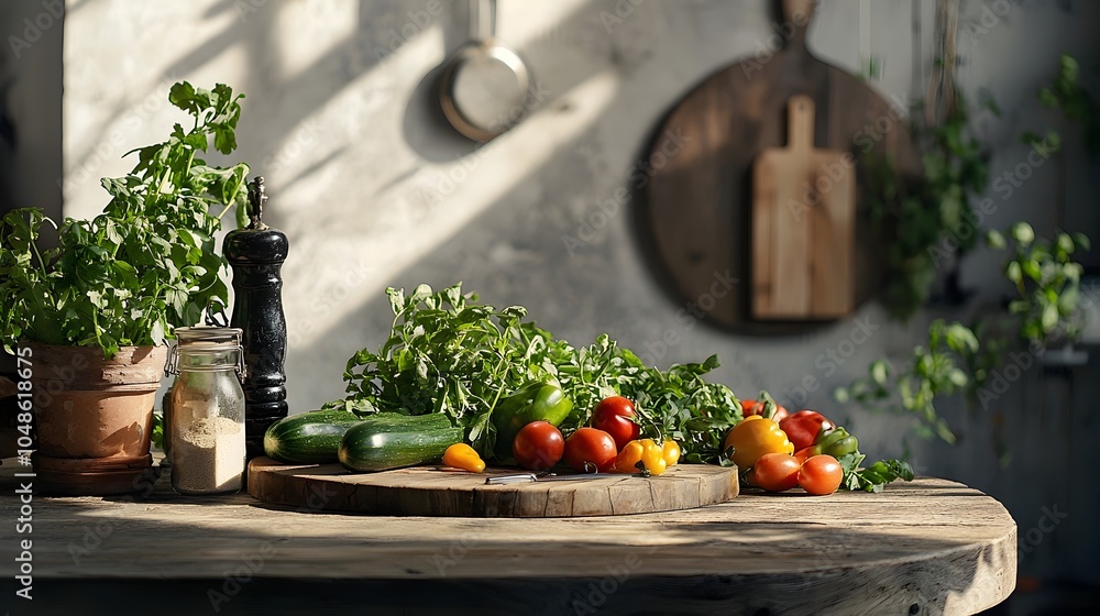 Rustic Wooden Table with Fresh Organic Vegetables in Natural Kitchen Setting Rustic Wooden Table with Fresh Organic Vegetables in Natural Kitchen Setting