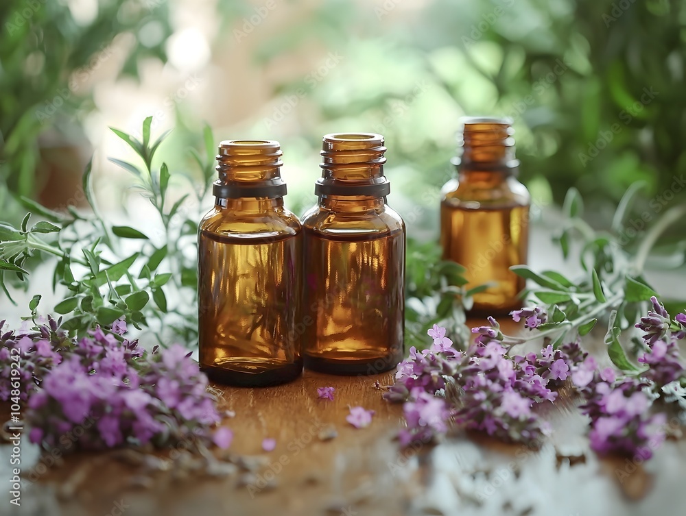 Glass Bottles of Essential Oils with Aromatic Herbs and Flowers on Wooden Table Natural Product Concept Glass Bottles of Essential Oils with Aromatic Herbs and Flowers on Wooden Table Natural Product Concept
