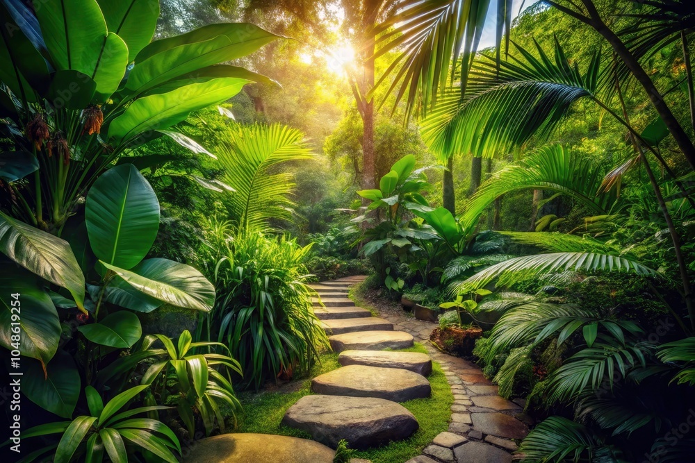 Serene Stepping Stones Through Lush Tropical Foliage for Tranquil Nature Scenes, Outdoor Pathways, and Relaxing Landscapes Serene Stepping Stones Through Lush Tropical Foliage for Tranquil Nature Scenes, Outdoor Pathways, and Relaxing Landscapes