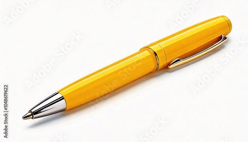 Yellow plastic ballpoint pen with closing button isolated on white background 