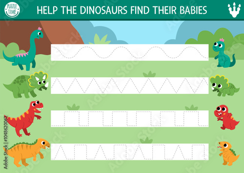 Vector dinosaur handwriting practice worksheet. Prehistoric printable drawing activity for preschool children with ancient animals and their babies. Tracing game for writing skills
