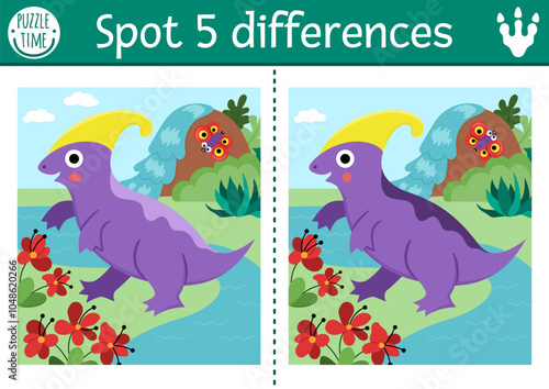 Find differences game for children. Dinosaur educational activity with Parasaurolophus and prehistoric landscape. Puzzle for kids with animal. Printable worksheet, page for attention skills