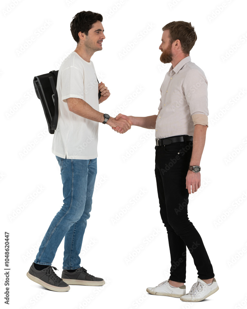 Two men meeting and shaking hands isolated on white background Two men meeting and shaking hands isolated on white background