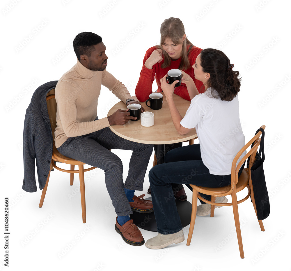 Obraz premium Group of friends sitting in a café and talking isolated on white background seen from above