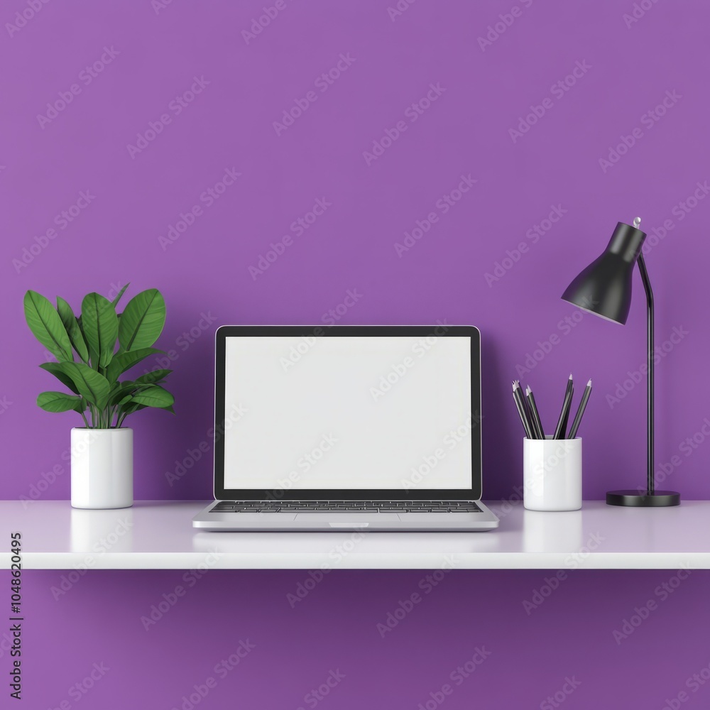 A minimalist workspace with a laptop, lamp, and plants on a shelf. A minimalist workspace with a laptop, lamp, and plants on a shelf.