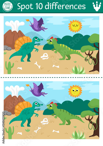 Find differences game for children. Dinosaur educational activity with Spinosaurus, allosaurus and prehistoric landscape. Puzzle for kids with animal. Printable worksheet, page