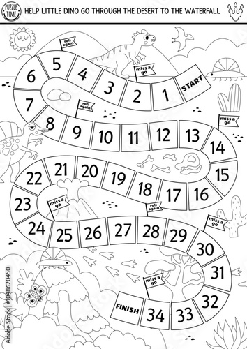 Dinosaur black and white dice board game for children with ancient world landscape. Prehistoric line boardgame with animal escaping raptors in desert. Dino land printable activity, coloring page