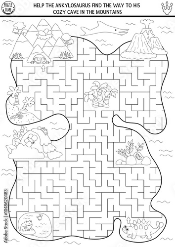Dinosaur black and white maze for kids. Coloring page with ancient world landscape. Prehistoric line printable activity. Dino land geometric labyrinth game, puzzle. Help ankylosaur find way to cave