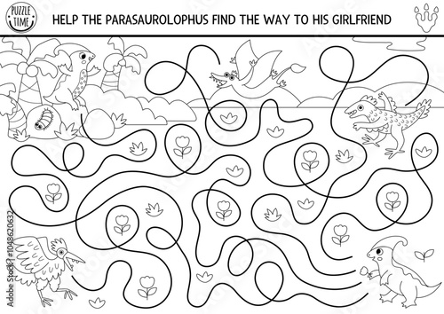 Dinosaur black and white maze for kids with ancient world landscape. Prehistoric line printable activity. Dino land labyrinth game, puzzle, coloring page. Help parasaurolophus get to his girlfriend