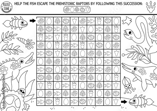 Marine dinosaur black and white maze with eggs, leaves. Prehistoric printable activity, coloring page.  for kids. Logical line searching puzzle with succession of elements. Help fish escape raptors