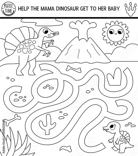 Black and white dinosaur maze for kids with ancient world landscape. Square prehistoric line printable activity. Dino land labyrinth game, puzzle, coloring page. Help spinosaur get to his baby