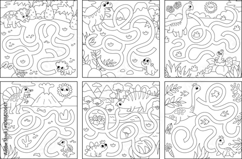 Black and white dinosaur maze set for kids with ancient world landscape. Square prehistoric line printable activity. Ancient land labyrinth game, coloring page, puzzle collection