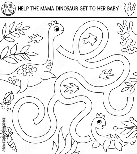 Black and white dinosaur maze for kids with ancient world landscape. Square prehistoric line printable activity. Dino land labyrinth game, puzzle, coloring page. Help plesiosaur get to his baby