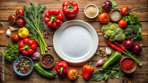 A rustic wooden table adorned with a vibrant collection of fresh vegetables, herbs, and spices surrounding an empty white plate, invitingly presenting the canvas for a culinary masterpiece.