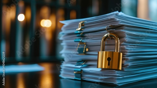 A stack of sensitive business documents, securely fastened with a golden padlock. Concept of data protection and privacy.