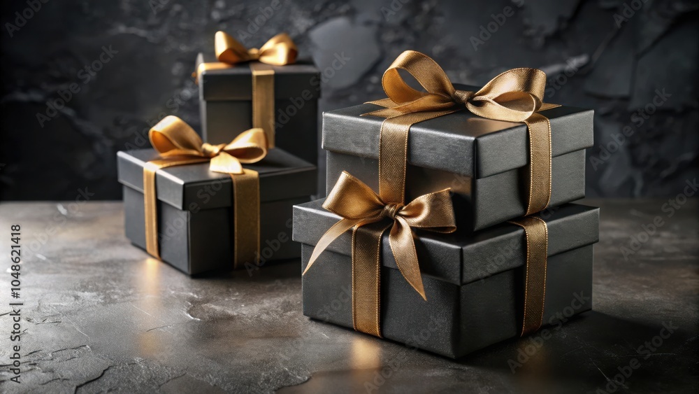 Elegant Black Gift Boxes with Gold Ribbon on a Dark Textured Surface Elegant Black Gift Boxes with Gold Ribbon on a Dark Textured Surface