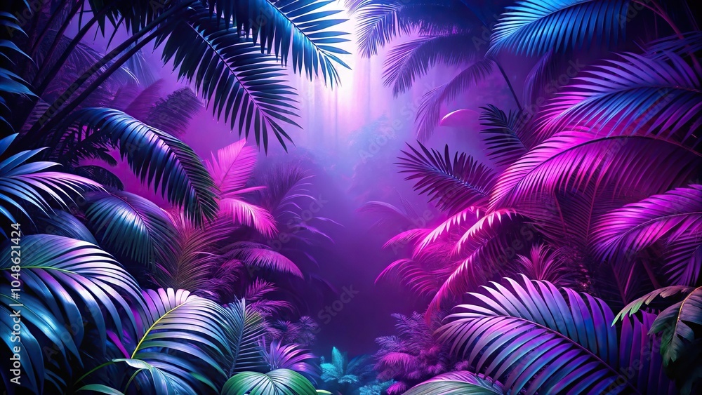 Tropical jungle purple light neon night background with exotic plant leaves Tropical jungle purple light neon night background with exotic plant leaves