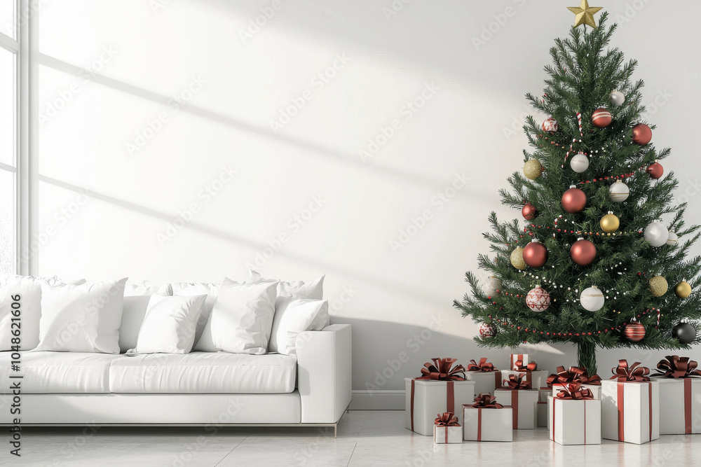 A cozy living room featuring a decorated Christmas tree and neatly wrapped gifts, creating a festive atmosphere. A cozy living room featuring a decorated Christmas tree and neatly wrapped gifts, creating a festive atmosphere.