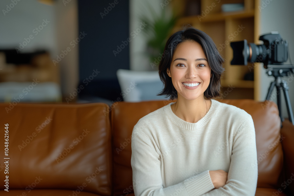 Obraz premium Poster of cheerful young female content creator on leather sofa getting ready to record vlog in warm cozy room filled with books and greenery, internet communication development concept
