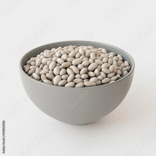 A bowl or spoon filled with uncooked, white dried beans sits on a table. photo