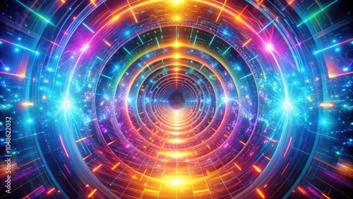 A kaleidoscopic tunnel of vibrant glowing rings and lines, leading towards a singularity of light