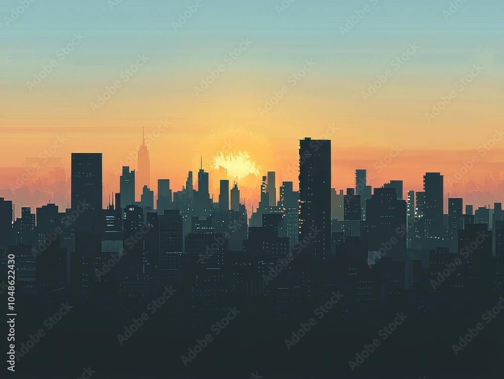 Fototapeta premium Cityscape at Sunset with Clear Sky Above