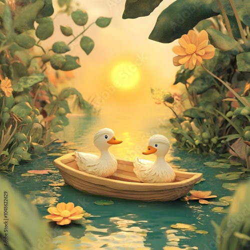 Warm and cozy pond with two ducks on boat.  Generative AI.