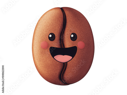 A cheerful cartoon coffee bean with a smiling face and cute features, perfect for food related designs and coffee shop themes. photo