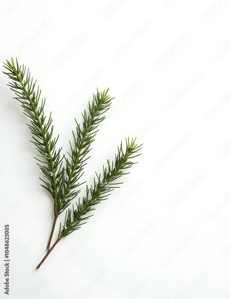 Fototapeta premium Green pine twigs arranged in Christmas decorations feature a simple elegance with silver accents against a crisp white backdrop.