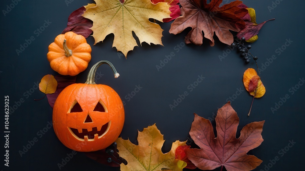 Halloween-Themed Autumn Display with Pumpkins and Fall Leaves Halloween-Themed Autumn Display with Pumpkins and Fall Leaves