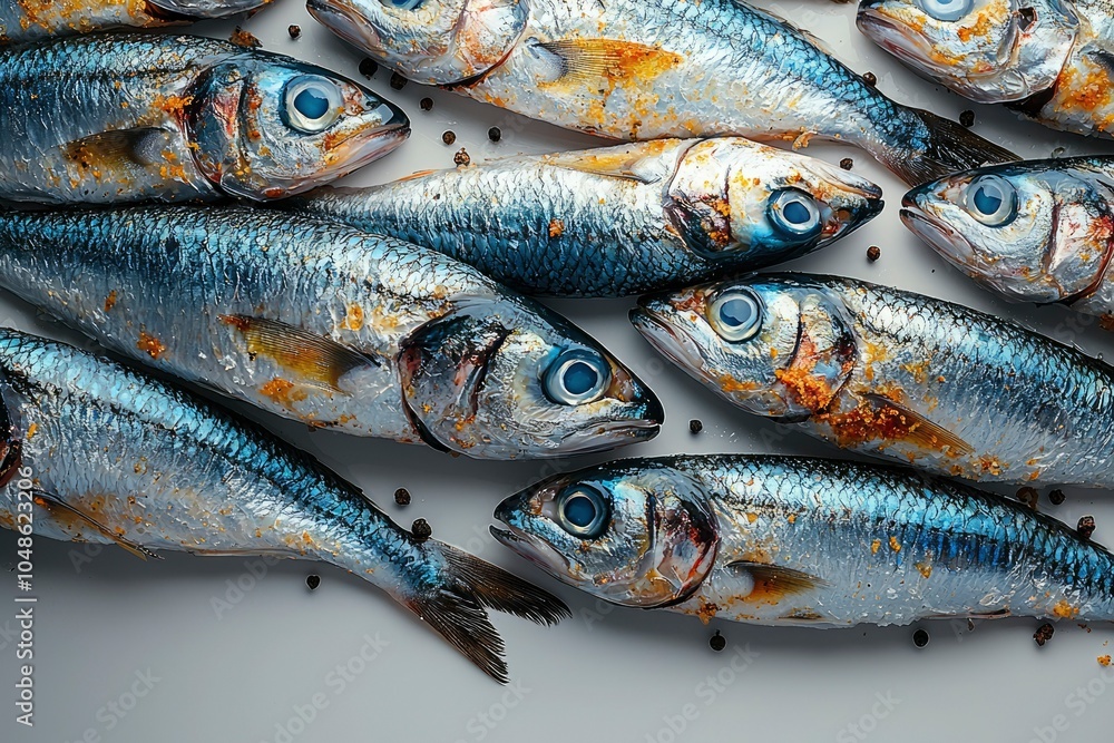 Close-up of six whole, fresh, uncooked fish with black peppercorns Close-up of six whole, fresh, uncooked fish with black peppercorns