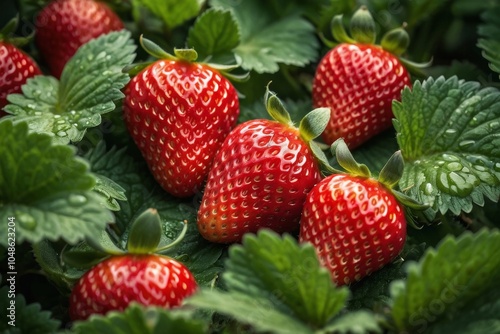 A ripe strawberries nestled among lush green leaves in a strawberry patch