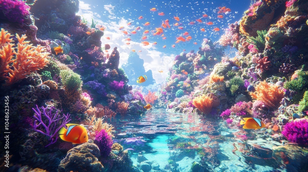 Fototapeta premium Vibrant Coral Reef with Tropical Fish and Sunlight