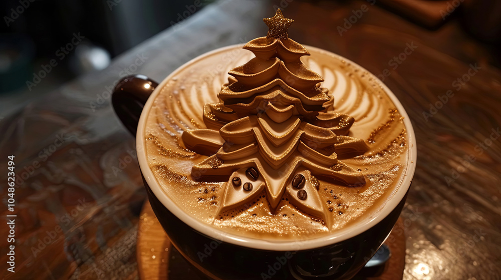 Fototapeta premium Celebrate the holidays with this intricately designed coffee masterpiece featuring a festive 3D latte art Christmas tree