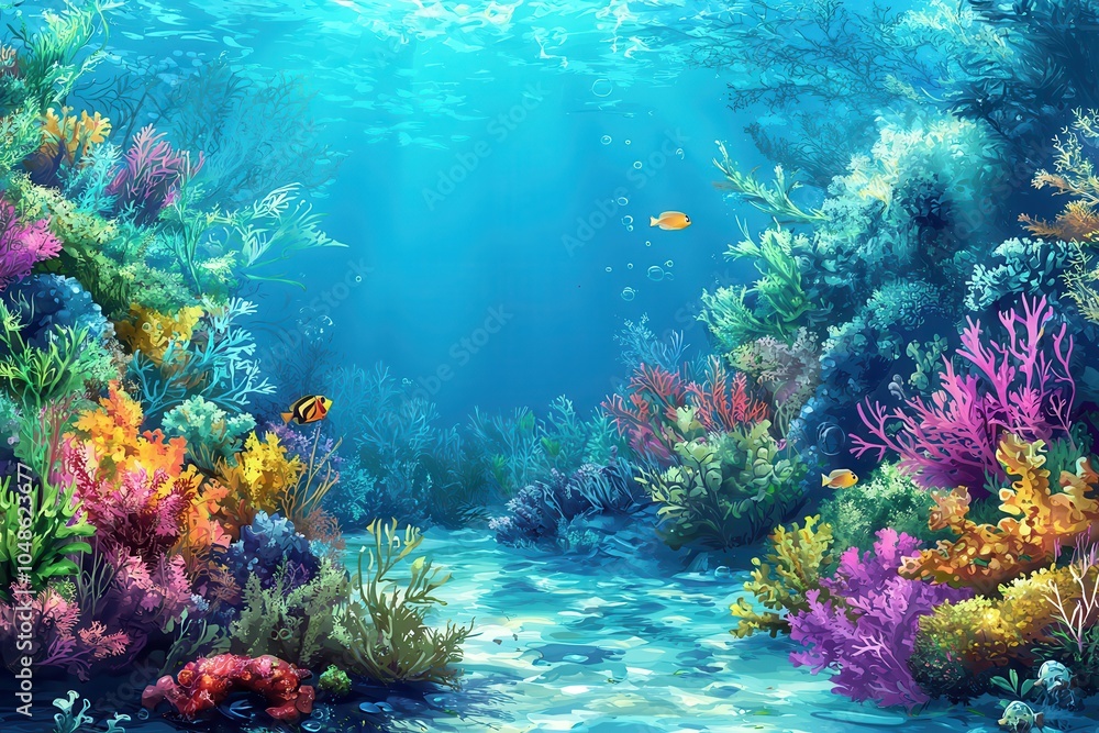 Naklejka premium Vibrant Coral Reef Underwater Scene with Marine Life