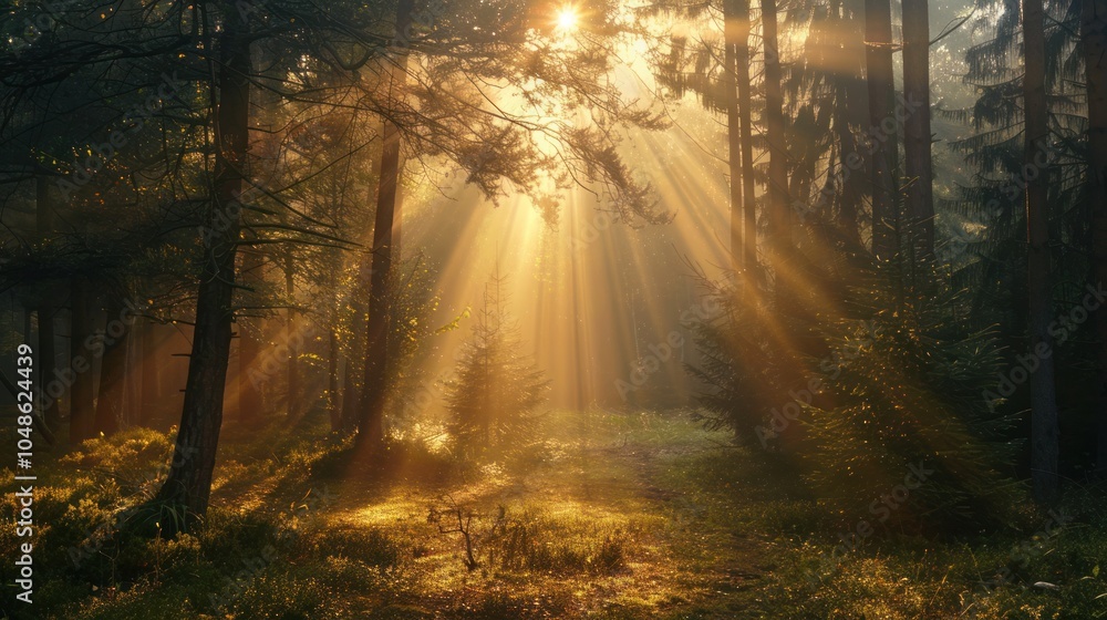 Fototapeta premium Bright morning light streaming through a forest, symbolizing the promise of a new day