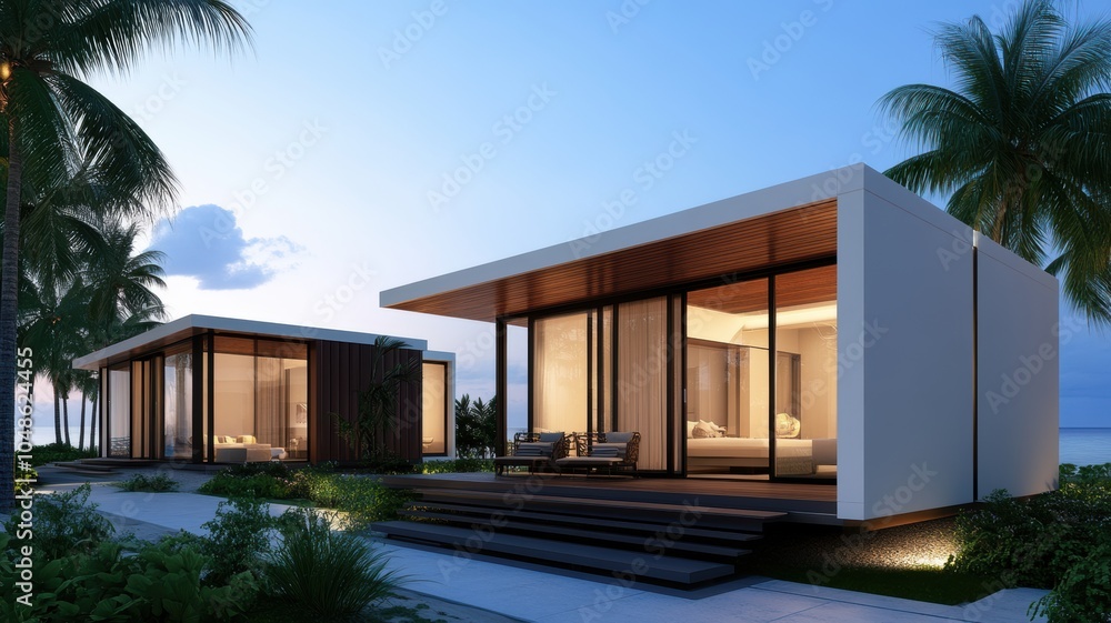 Modern beach house at twilight, surrounded by palms Modern beach house at twilight, surrounded by palms